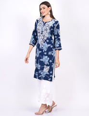 Rayon Navy Blue Printed Chikankari Kurti - Sufiza Lifestyle