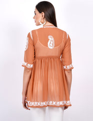 Dark Orange Georgette Chikankari Peplum Dress - Sufiza Lifestyle