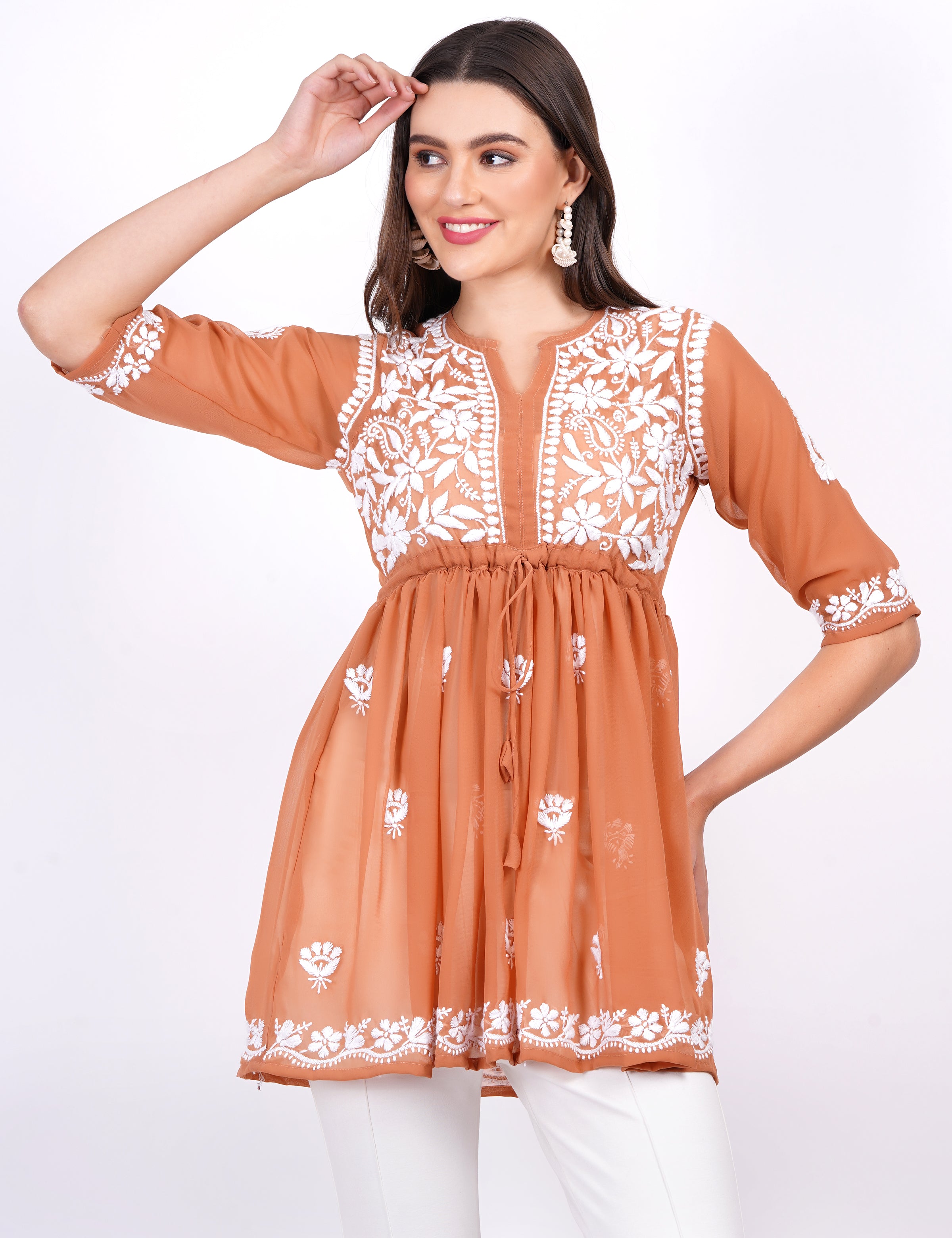 Dark Orange Georgette Chikankari Peplum Dress - Sufiza Lifestyle
