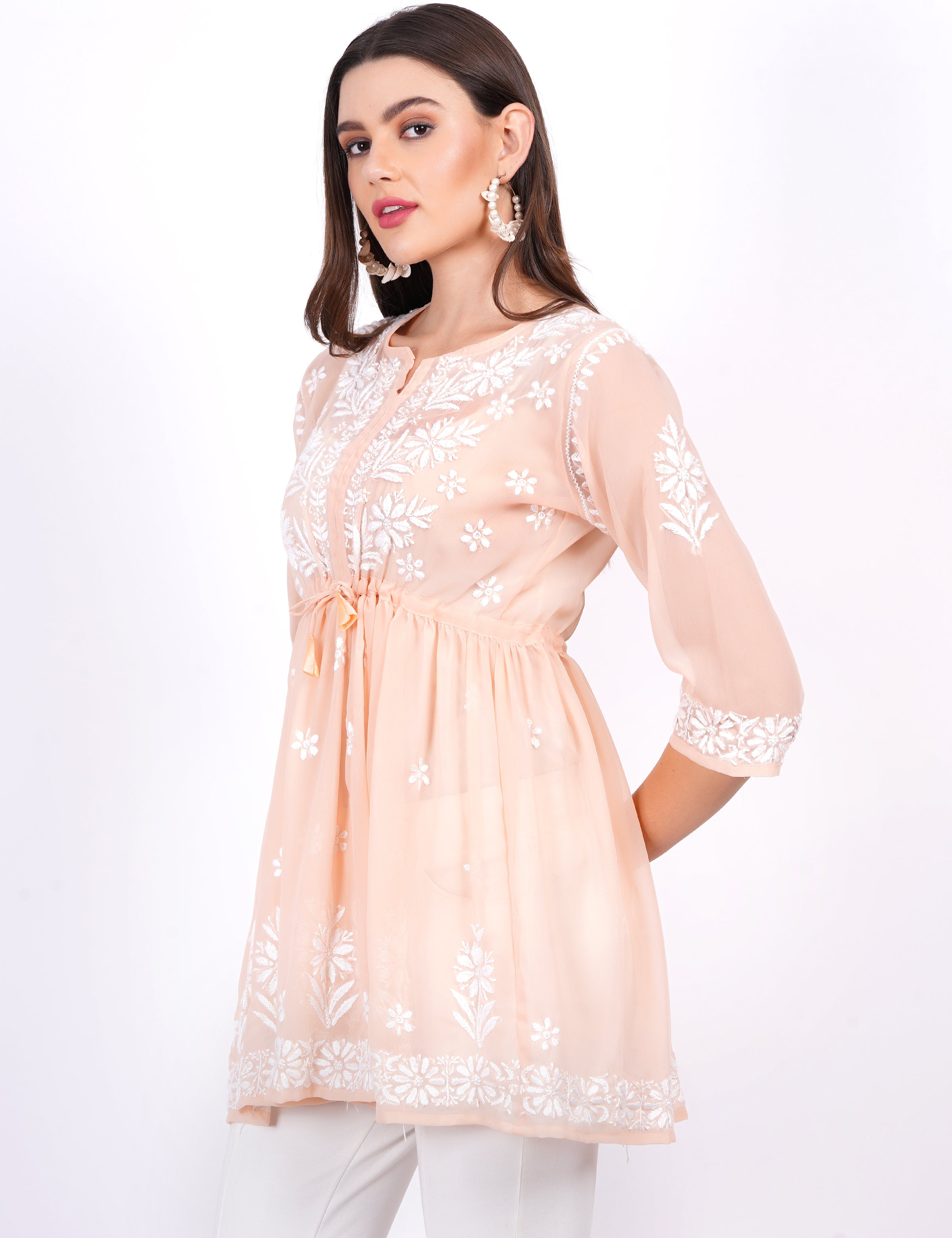Skin Color Georgette Chikankari Peplum Dress - Sufiza Lifestyle