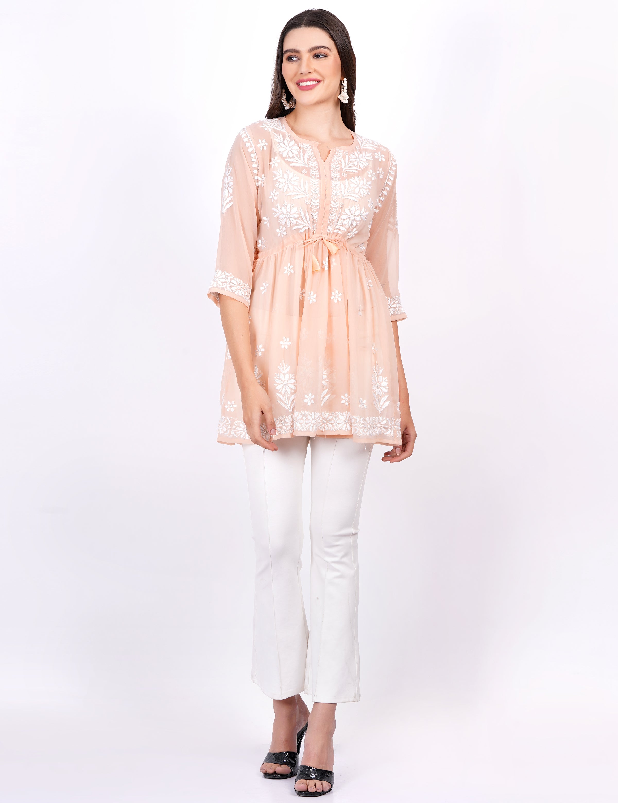 Skin Color Georgette Chikankari Peplum Dress - Sufiza Lifestyle