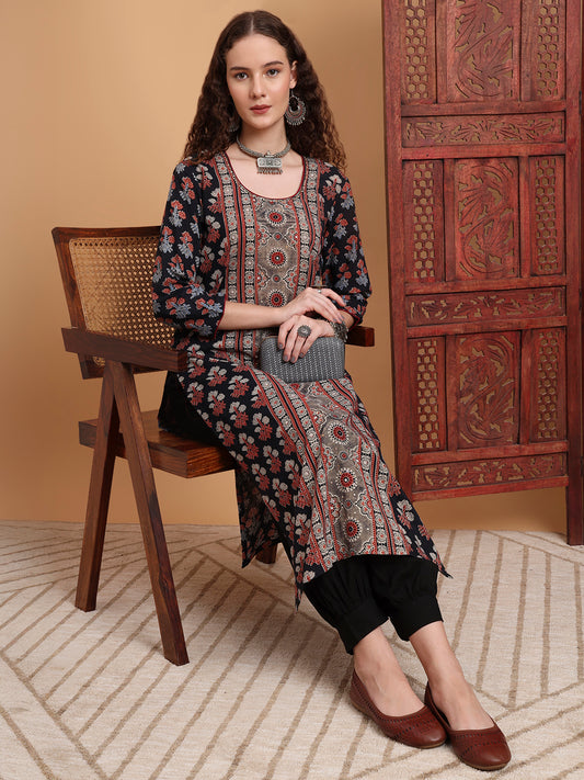 Hand Block Ajrak Print Zardosi Embroidery Kurta