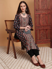 Hand Block Ajrak Print Zardosi Embroidery Kurta