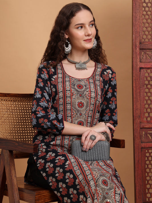 Hand Block Ajrak Print Zardosi Embroidery Kurta