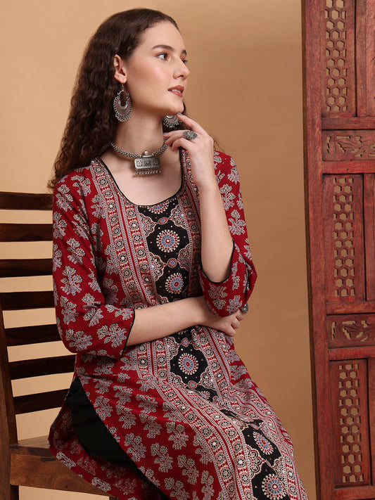 Hand Block Ajrak Print Zardosi Kurta
