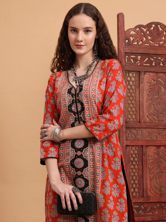 Hand Block Ajrak Print Zardosi Embroidery Kurta
