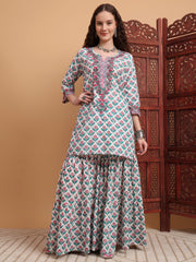 Hand Block Prints Chikankari kurti and Sharara Set