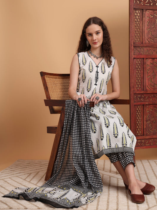Hand Block Print White Kurta Set