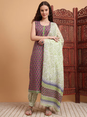 Hand Block Purple Kurta Set