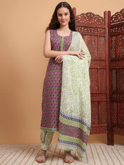 Hand Block Purple Kurta Set