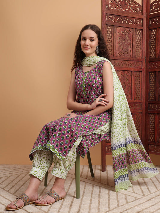 Hand Block Purple Kurta Set