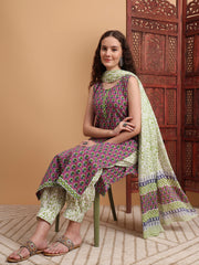 Hand Block Purple Kurta Set