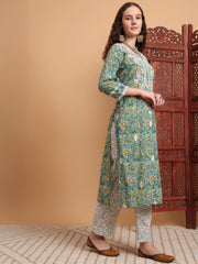 Hand Block Green Color Chikankari Kurta Set