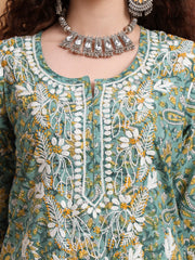 Hand Block Green Color Chikankari Kurta Set