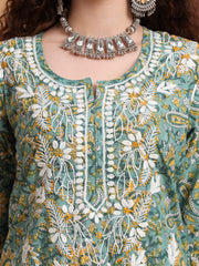 Hand Block Green Color Chikankari Kurta Set