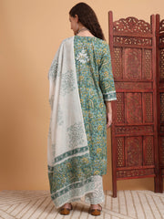 Hand Block Green Color Chikankari Kurta Set