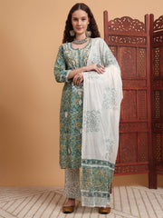 Hand Block Green Color Chikankari Kurta Set