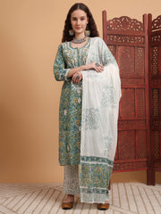 Hand Block Green Color Chikankari Kurta Set