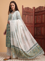 Hand Block Green Color Chikankari Kurta Set