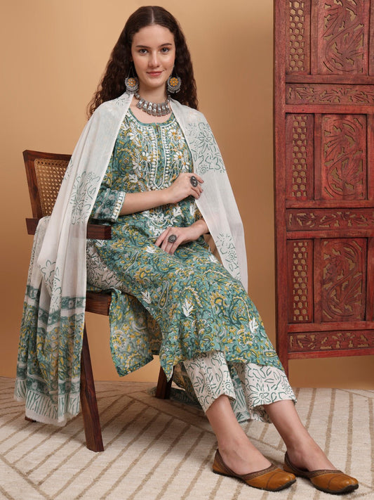 Hand Block Green Color Chikankari Kurta Set