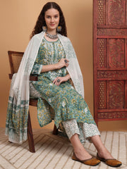 Hand Block Green Color Chikankari Kurta Set