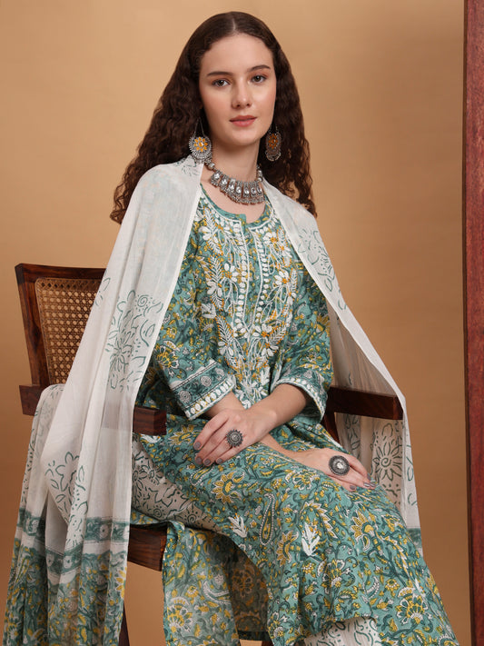 Hand Block Green Color Chikankari Kurta Set
