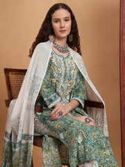 Hand Block Green Color Chikankari Kurta Set