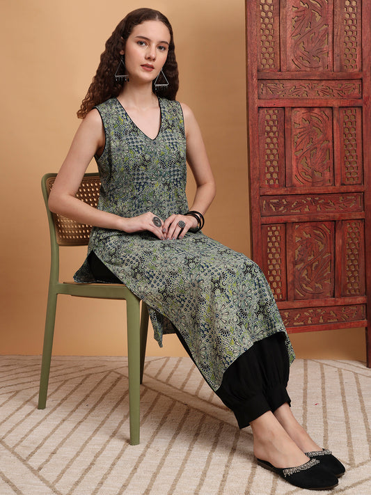Hand Block Print Green Color Kurta
