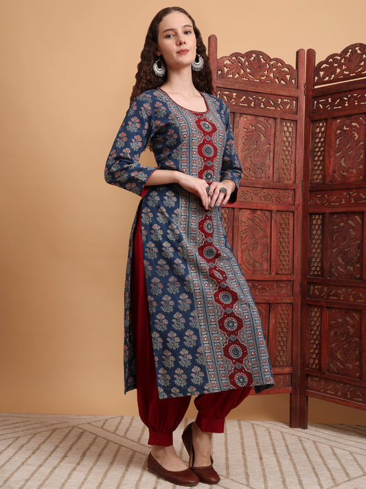 Hand Block Ajrak Print Zardosi Embroidery