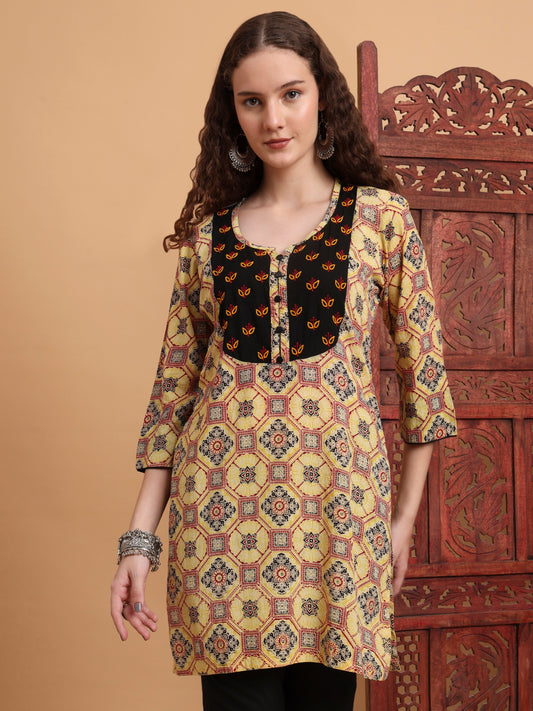 Hand Block Ajrak Print Yellow Chikankari Kurta