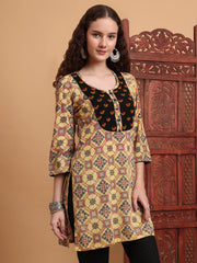 Hand Block Ajrak Print Yellow Chikankari Kurta