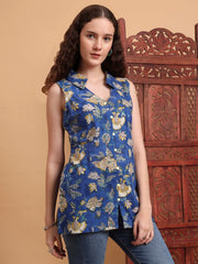 Hand Block Blue Color Shirt Style Kurti