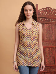 Hand Block Print Yellow Color shirt Style Kurti