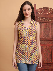 Hand Block Print Yellow Color shirt Style Kurti