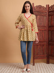 Hand Block Print Yellow Peplum Kurti