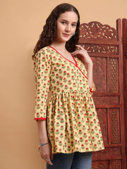 Hand Block Print Yellow Peplum Kurti
