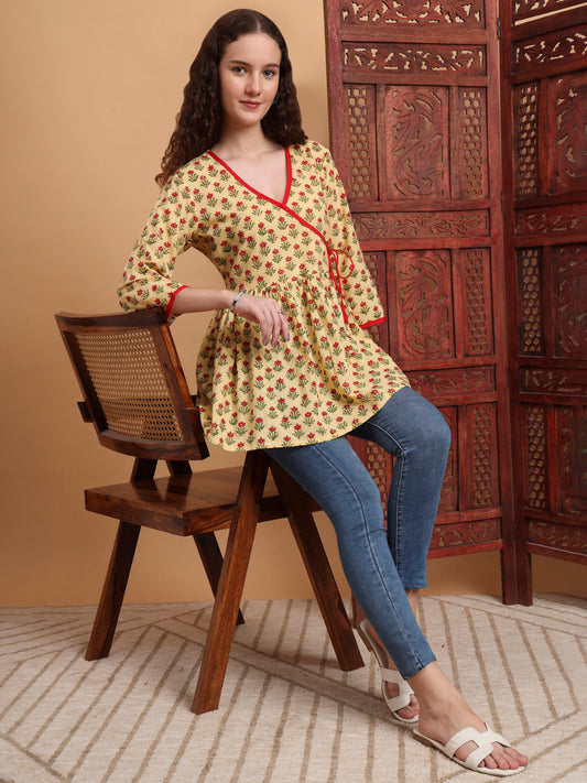 Hand Block Print Yellow Peplum Kurti