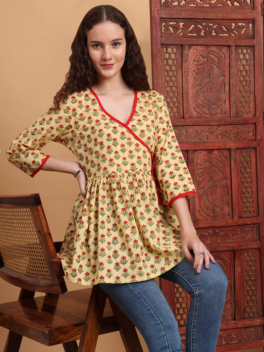 Hand Block Print Yellow Peplum Kurti