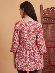 Hand Block Print White Printed Peplum Kurti