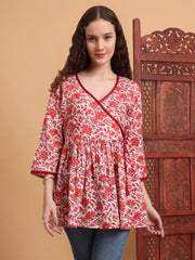 Hand Block Print White Printed Peplum Kurti