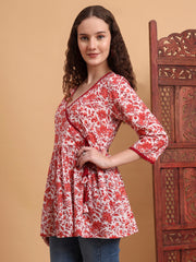 Hand Block Print White Printed Peplum Kurti