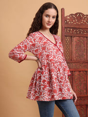 Hand Block Print White Printed Peplum Kurti