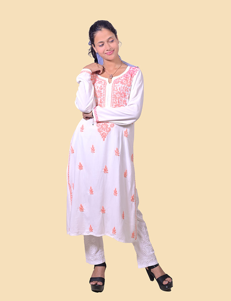 Rayon Cotton White Kurti Peach Color Thread Chikankari Kurta - Sufiza Lifestyle