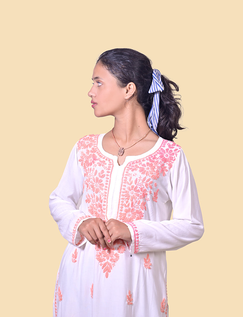 Rayon Cotton White Kurti Peach Color Thread Chikankari Kurta - Sufiza Lifestyle