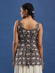 Women Black & White Floral Hand Block Print Pure Cotton Short Kurti- BPKU002