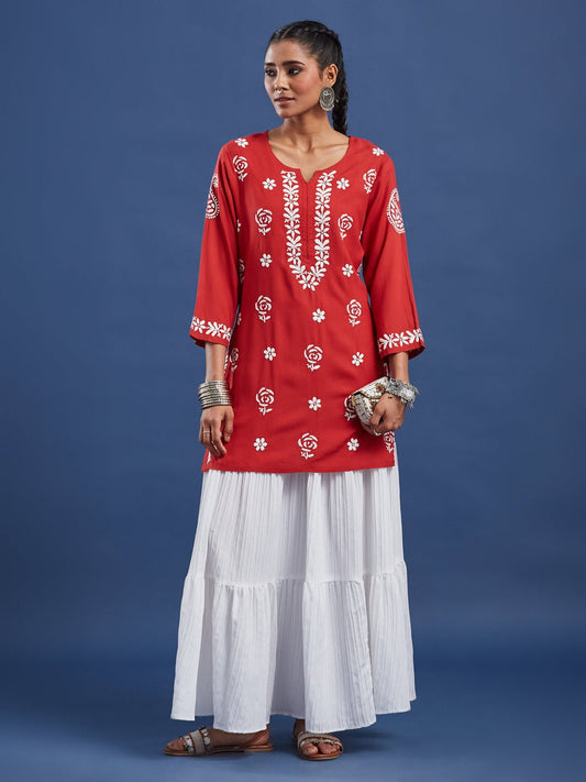 Red Viscose Rayon Chikankari Kurti