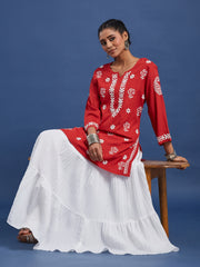 Red Viscose Rayon Chikankari Kurti