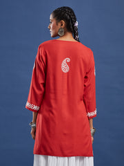 Red Viscose Rayon Chikankari Kurti