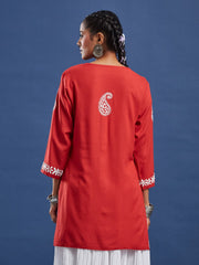 Red Viscose Rayon Chikankari Kurti