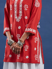 Red Viscose Rayon Chikankari Kurti